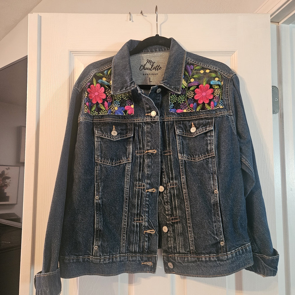 Embroidered Floral Denim Jacket - Blue